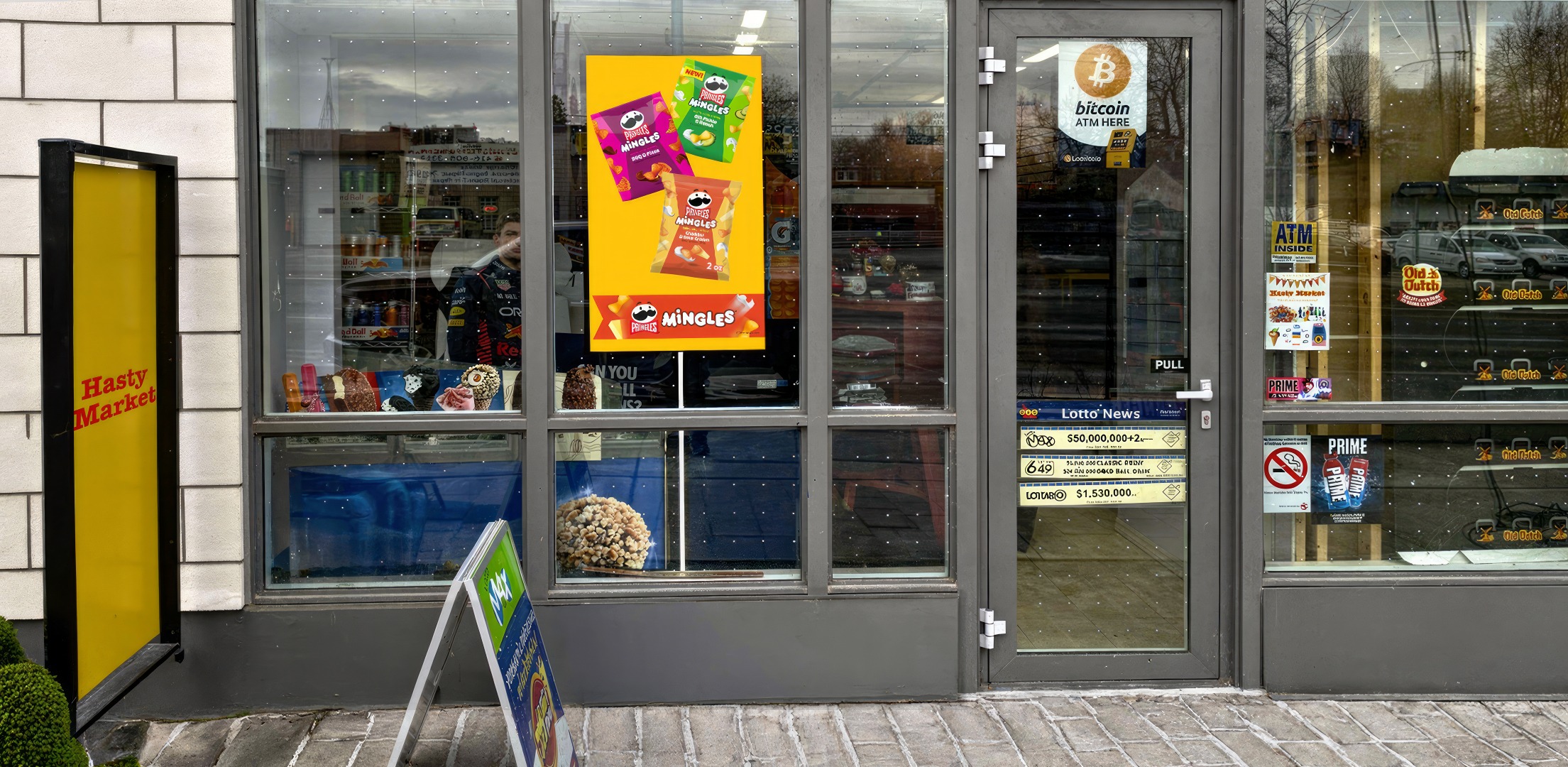 Hasty Market exterior with digital display
